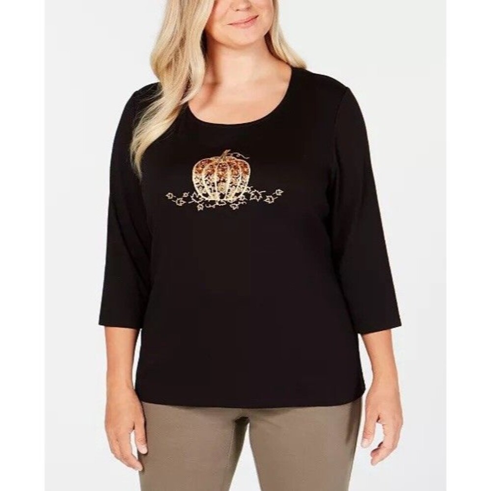 Karen Scott Halloween Rhinestone Pumpkin Top Size L Black Fall Teacher Novelty - Picture 10 of 11